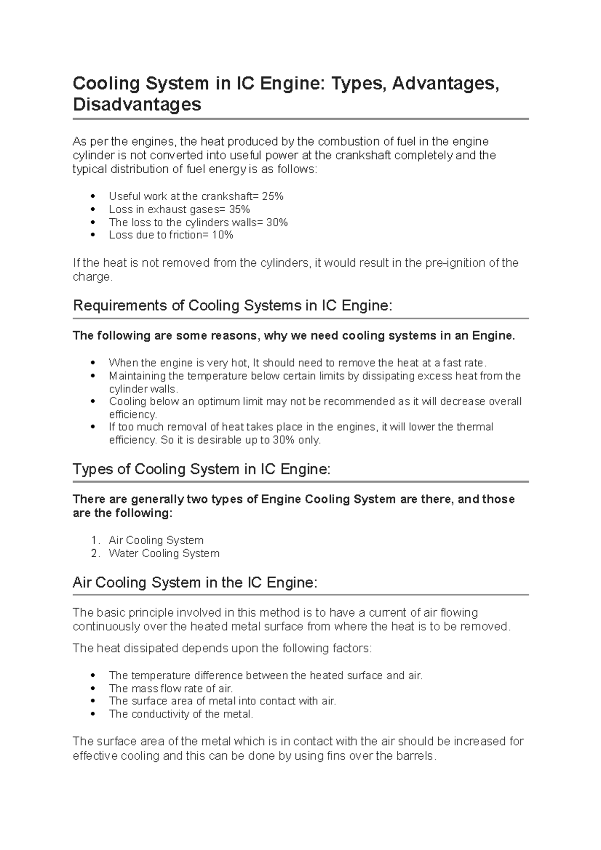 Cooling System in IC Engine Requirements of Cooling Systems in IC