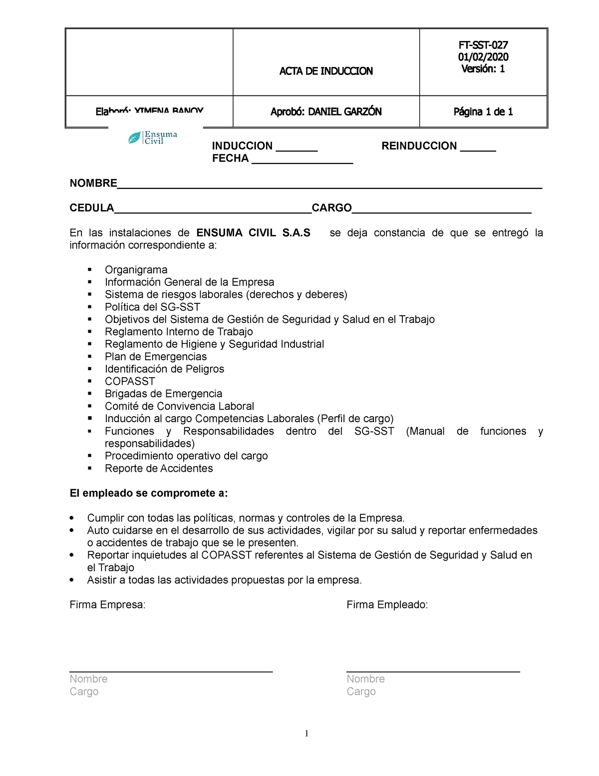 Ft Sst 027 Acta De Induccion Y Reinduccion Acta De Induccion Ft Sst 027 01 02 2020 4888