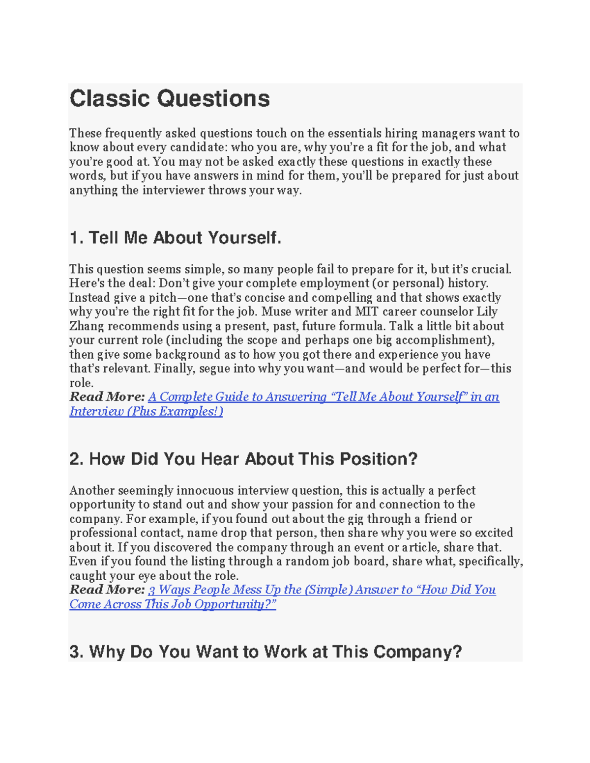 Classic Interview Questions Classic Questions These frequently asked