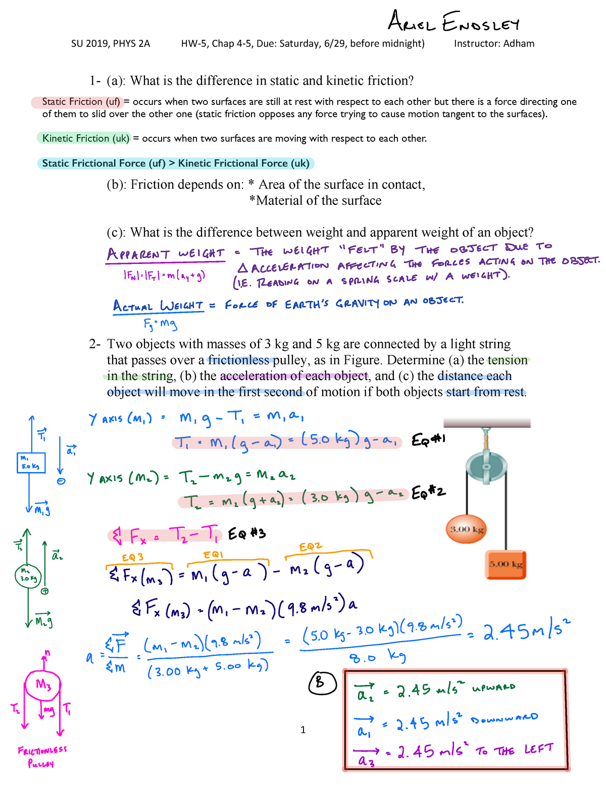 HW5 CH4 Physics 2A - SU 201 9, PHYS 2A HW -5, Chap 4-5, Due: Saturday ...