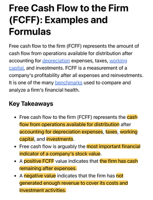 Free Cash Flow to the Firm (FCFF): Examples and Formulas - Free Cash Flow  to the Firm (FCFF): - Studocu