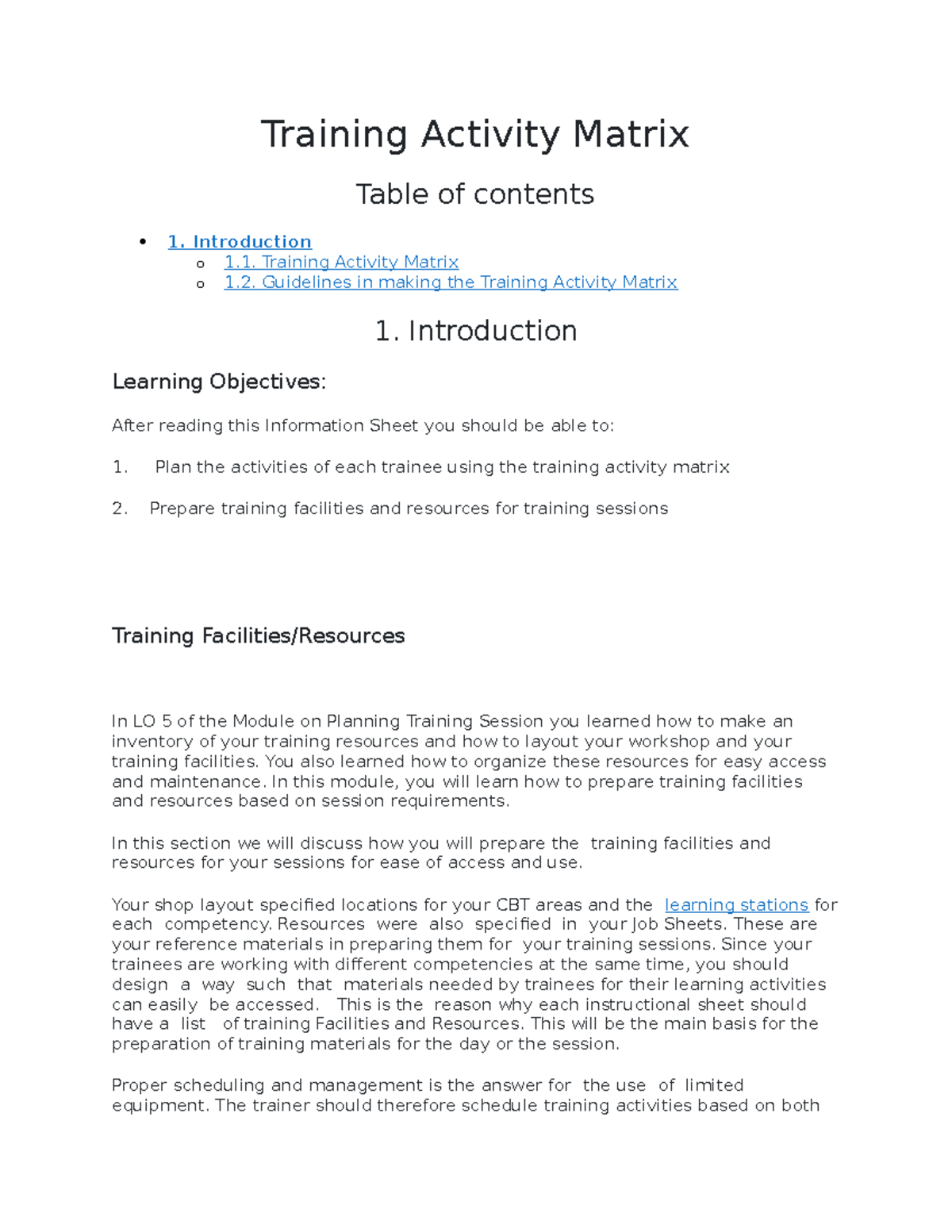 (6)Training Activity Matrix - Training Activity Matrix Table of ...