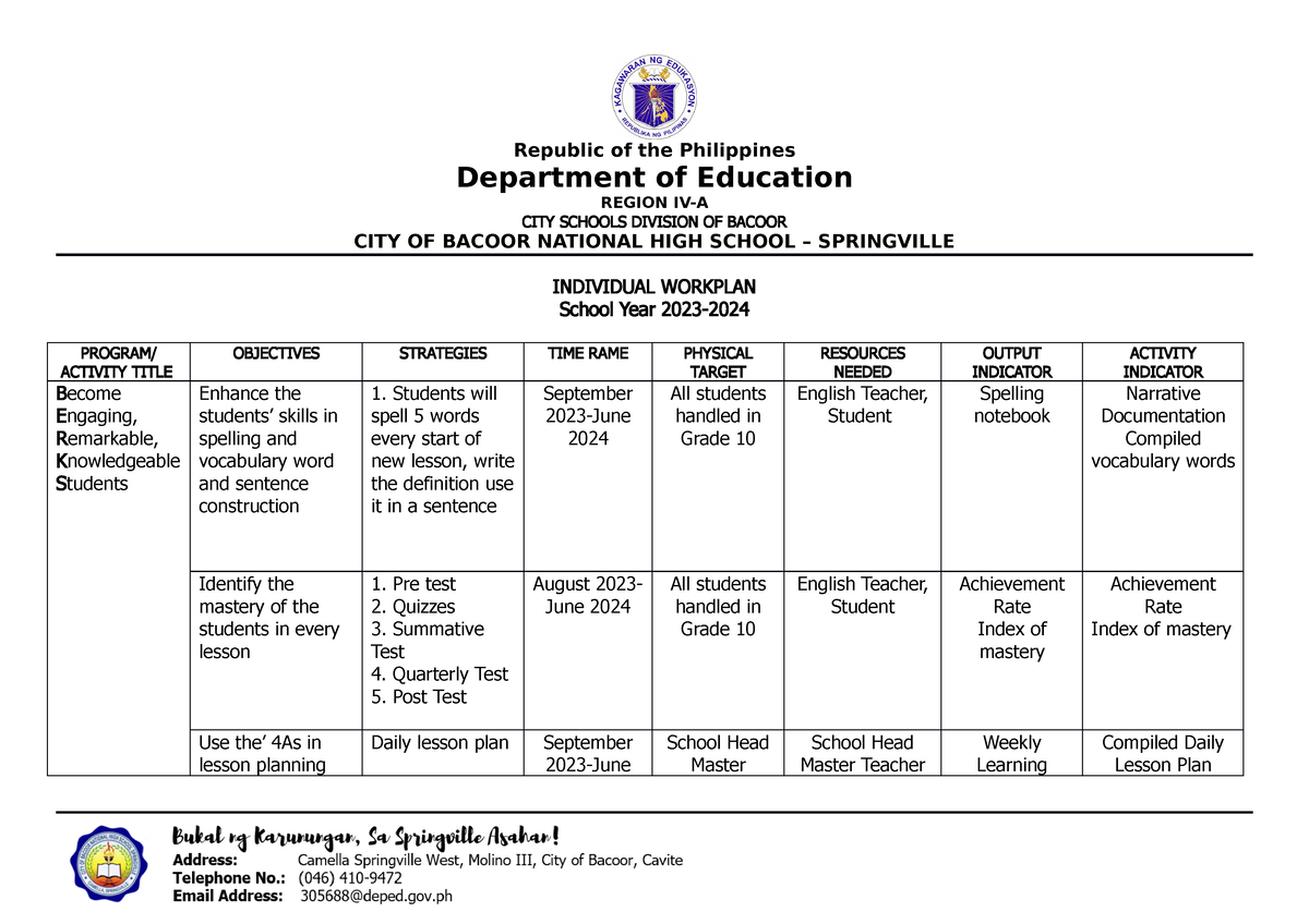 Workplan 2023-2024 - Republic of the Philippines Department of ...