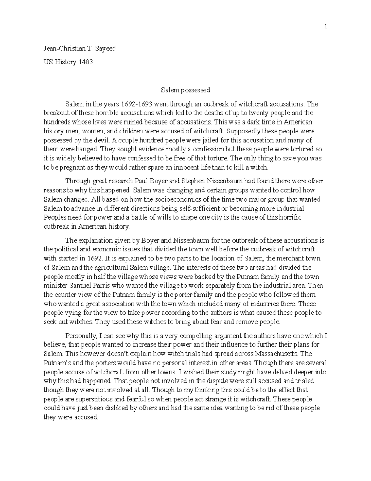 Salem Grade A 1 JeanChristian T. Sayeed US History 1483 Salem