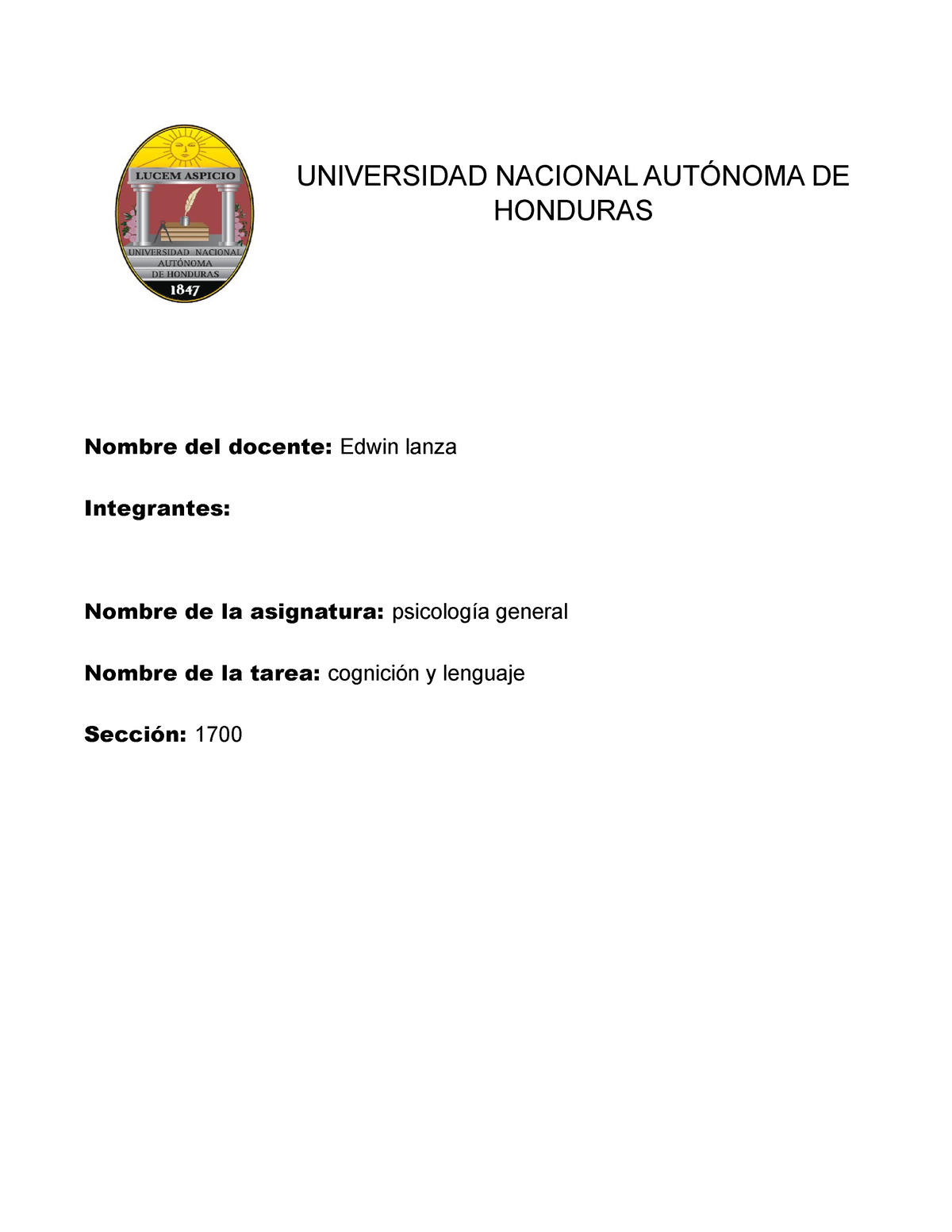 Informe Grupo 4 Cognicion Y Lenguaje Universidad Nacional AutÓnoma De Honduras Nombre Del 3414