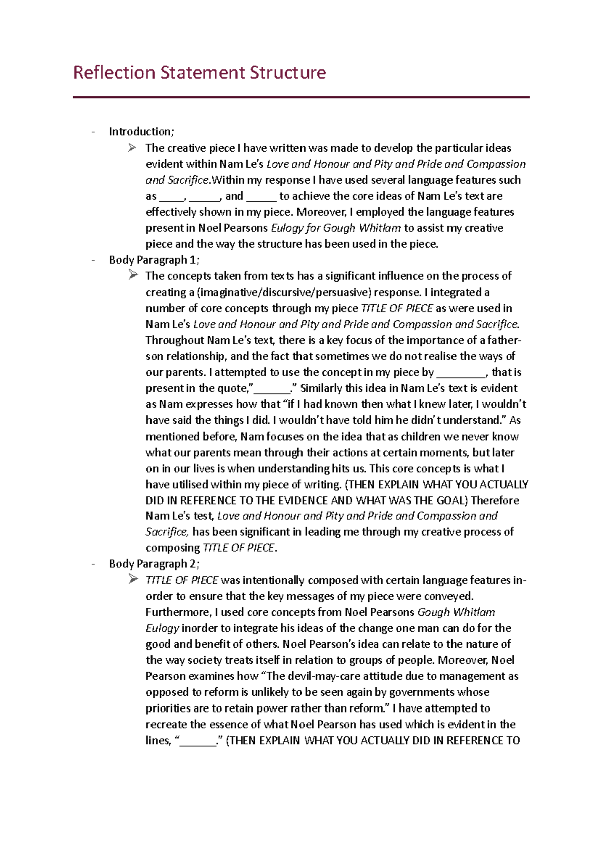 English Advanced HSC Task 3 2023 Reflection Statement Structure Introduction; The creative
