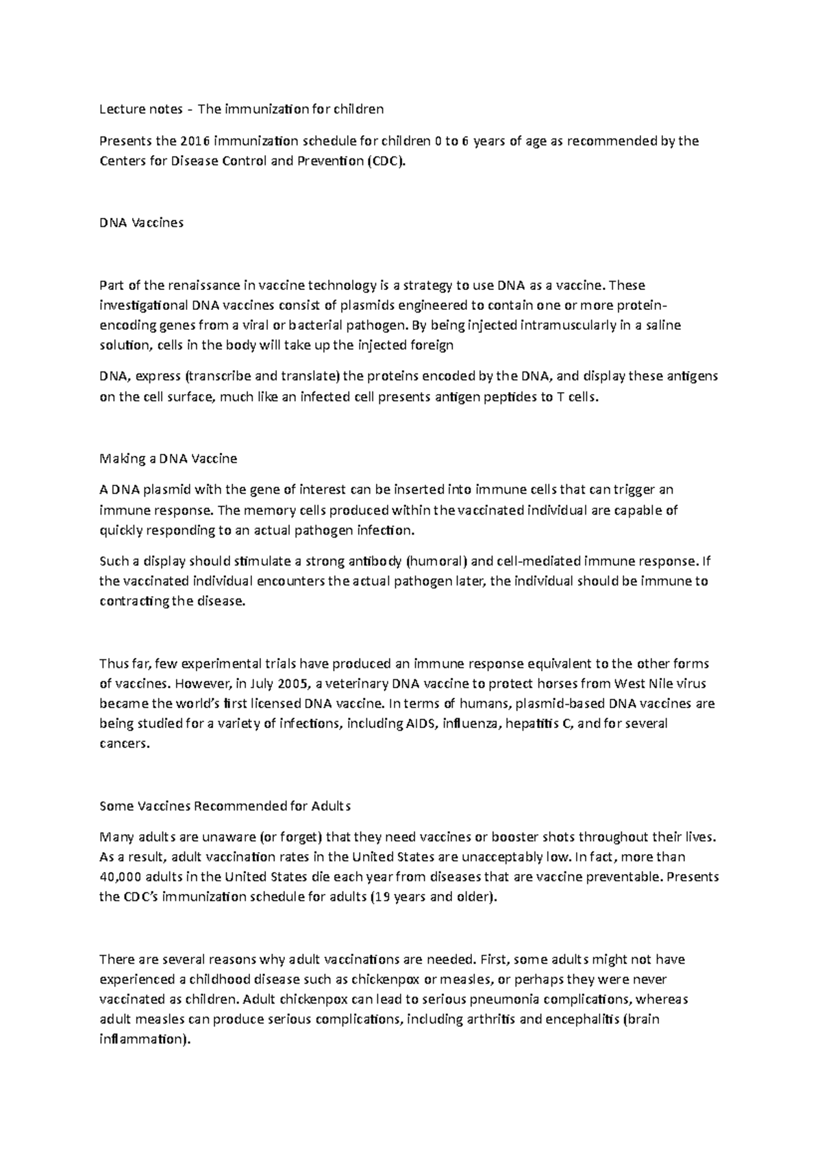Lecture notes - The immunization for children - DNA Vaccines Part of ...