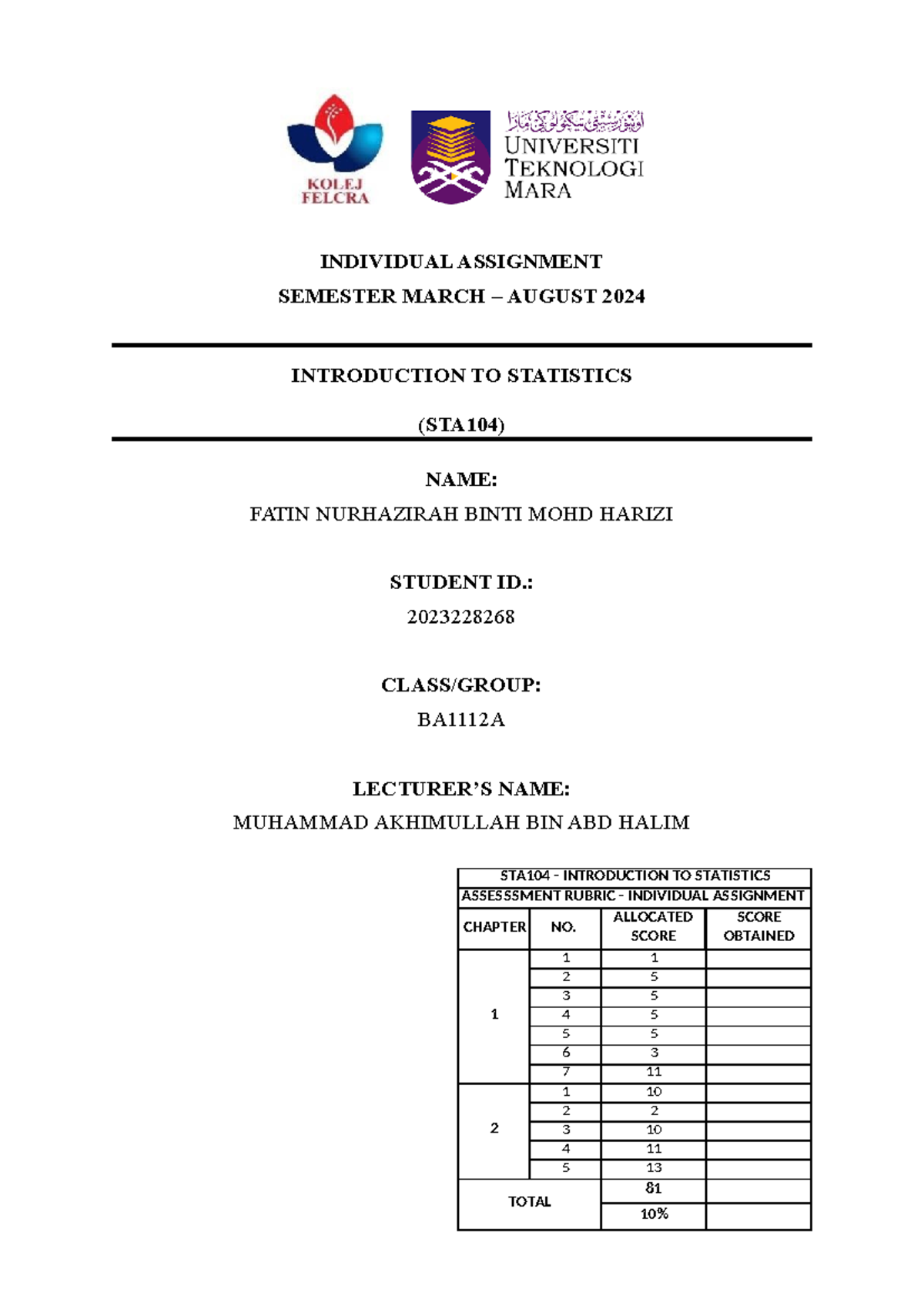 Cover - bhtsf - INDIVIDUAL ASSIGNMENT SEMESTER MARCH – AUGUST 2024 ...