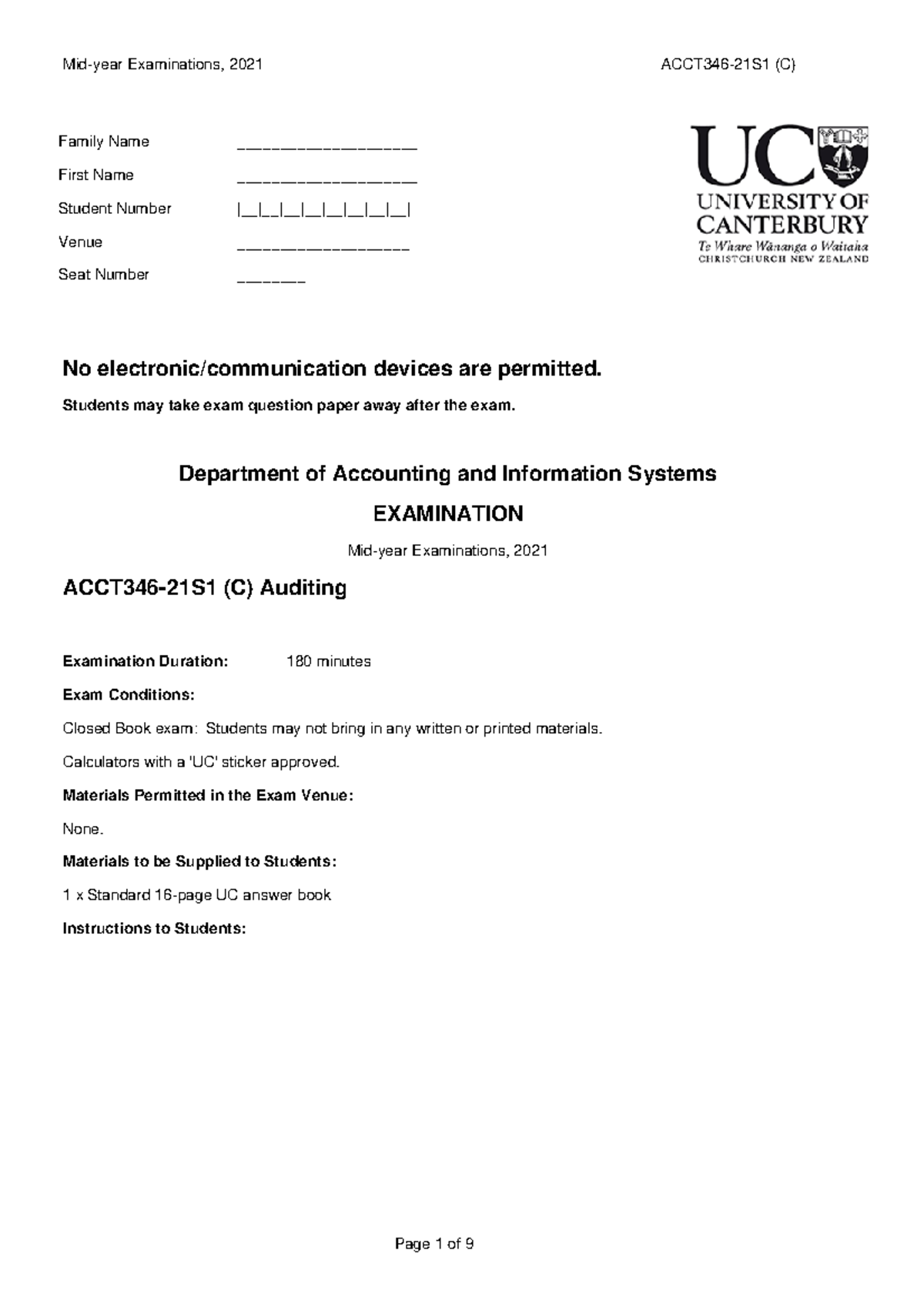 ACCT346 2021 2021 No devices are permitted