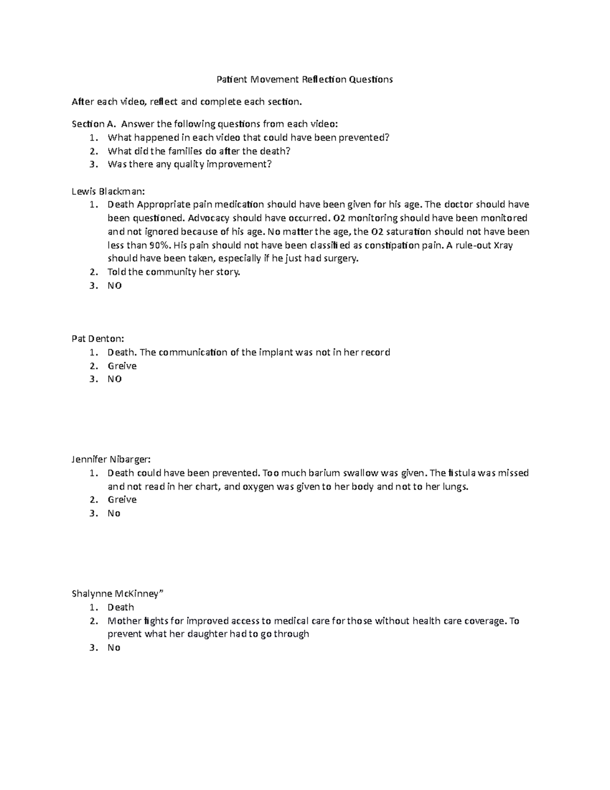 Patient Movement Reflection Questions - Section A. Answer the following ...