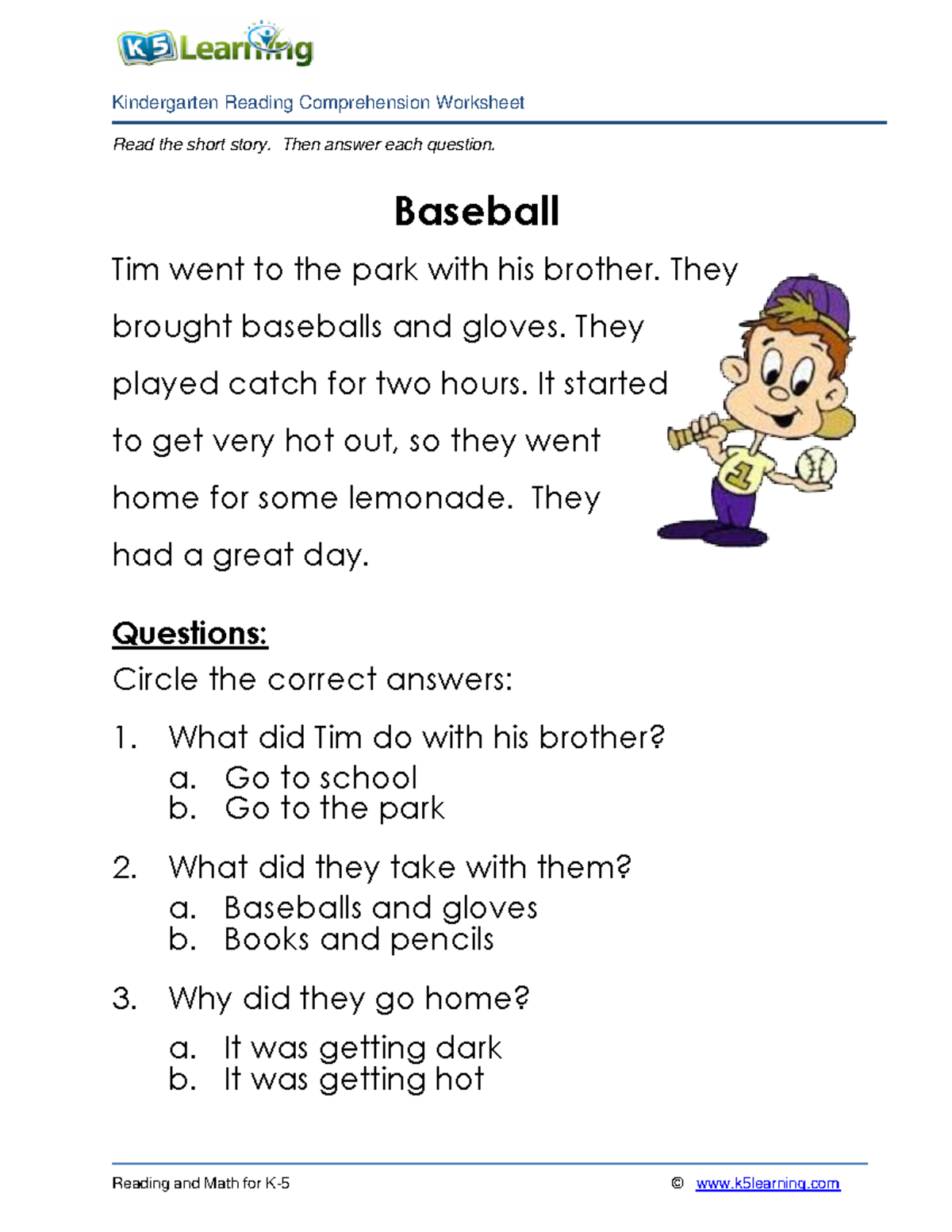 Reading comprehension story baseball - Kindergarten Reading ...