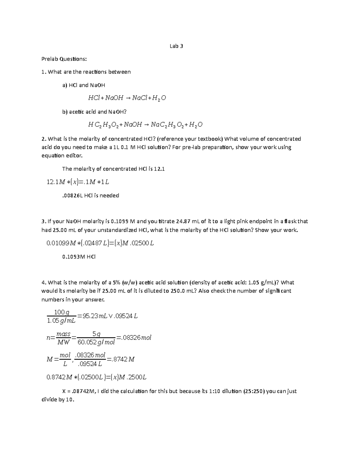 2800 Lab 3 - Lab 3 Prelab Questions: What are the reactions between a ...