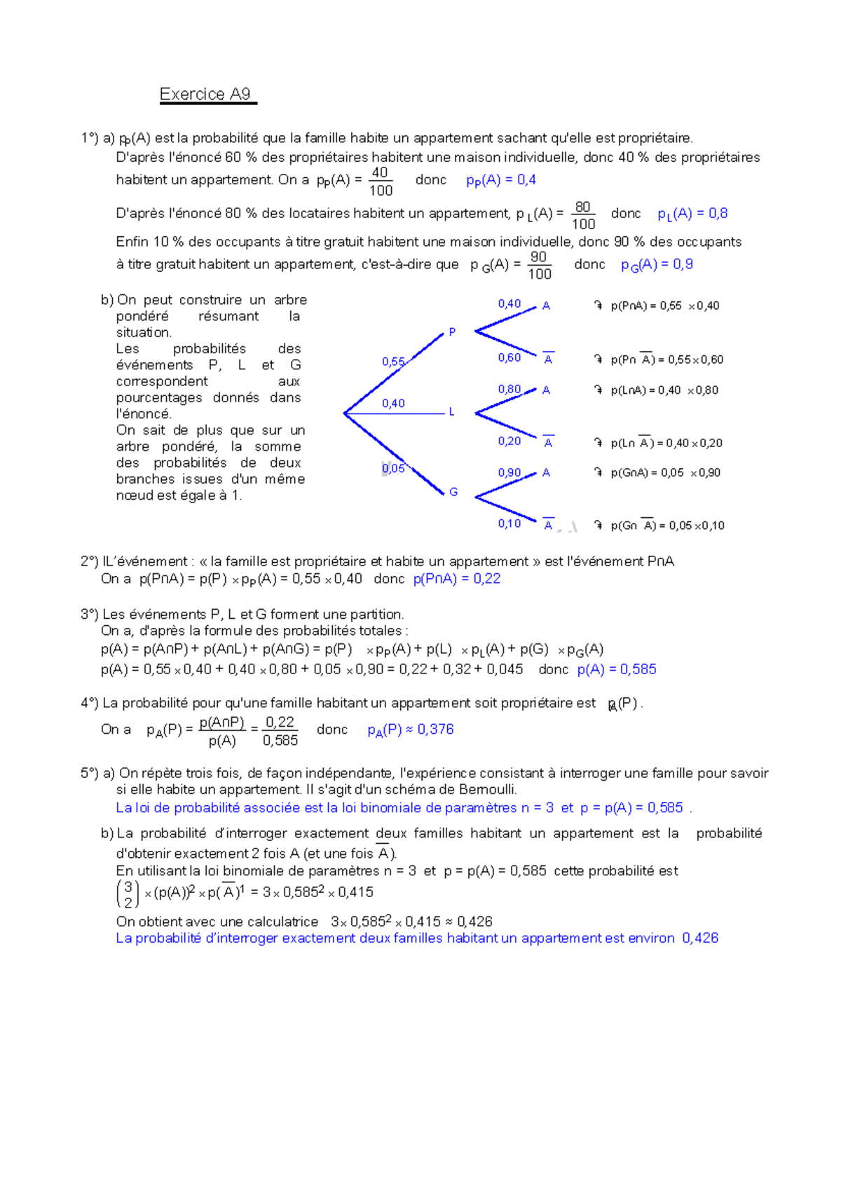 Correction A9 - Exercice A 1°) a) pP(A) est la probabilité que la ...