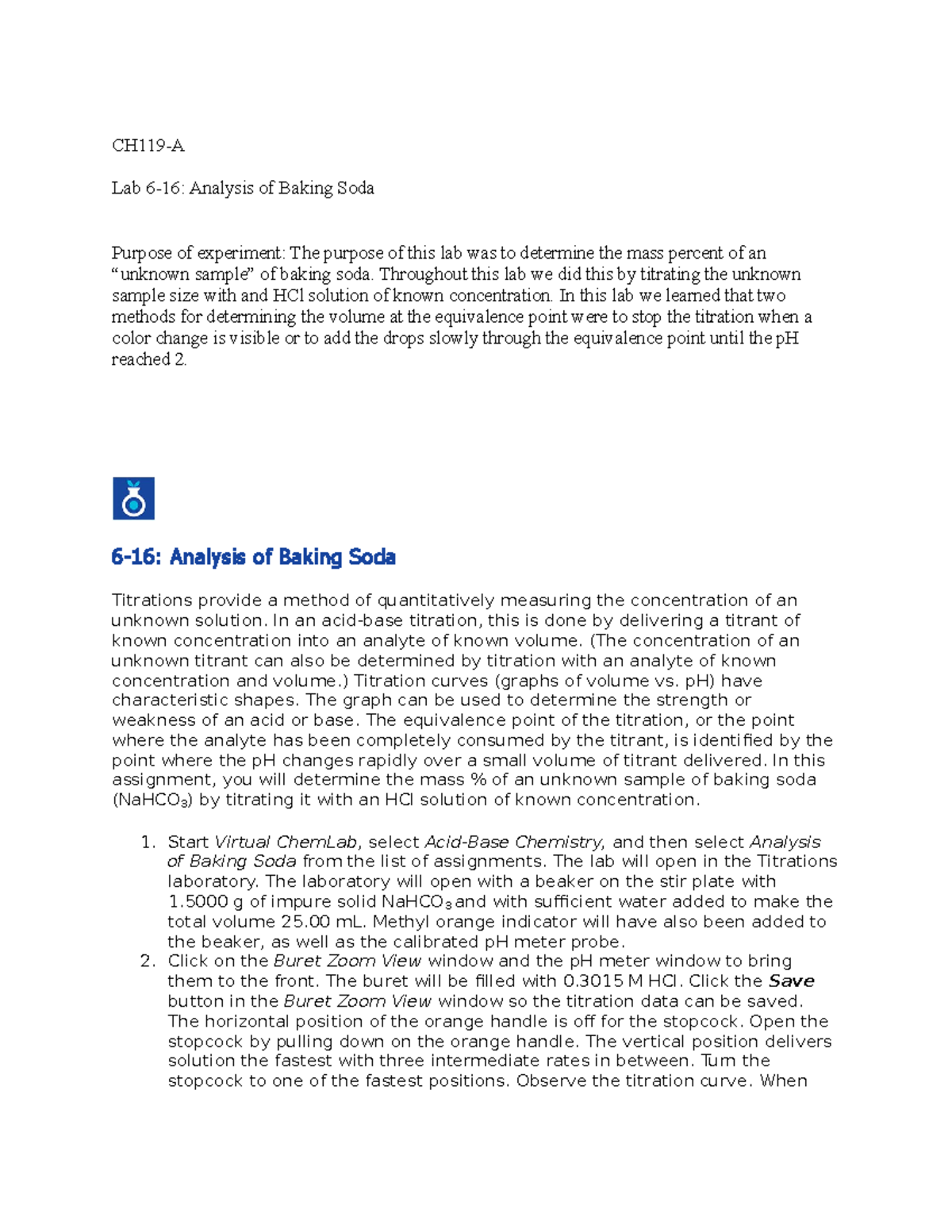 616 Analysis of Baking Soda CH119A Lab 616 Analysis of Baking