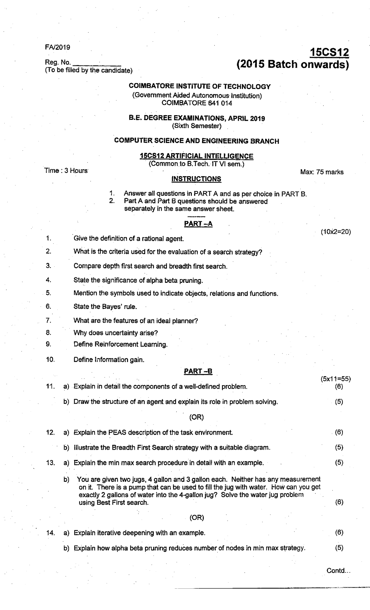 19APR 15CS12 - Question paper for AI - 15CS12 Reg. No. (2015 Batch ...