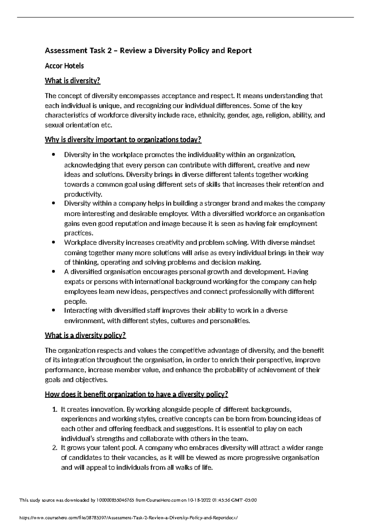 Assessment Task 2 Review a Diversity Policy and Report Assessment