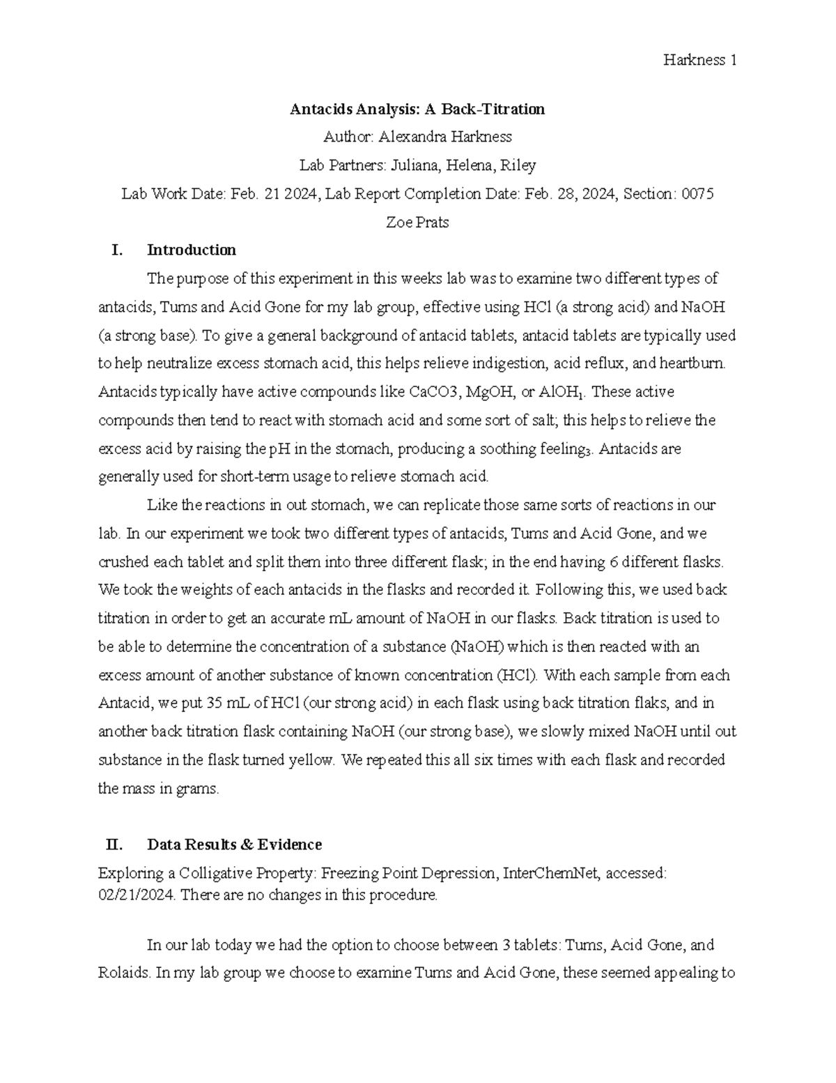 Harkness Antacids Lab Report - Antacids Analysis: A Back-Titration ...