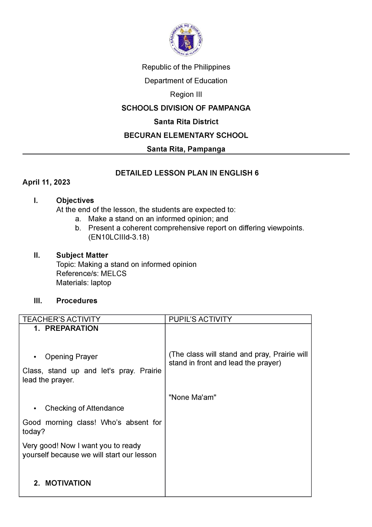 English 6 - lesson plan - Republic of the Philippines Department of ...