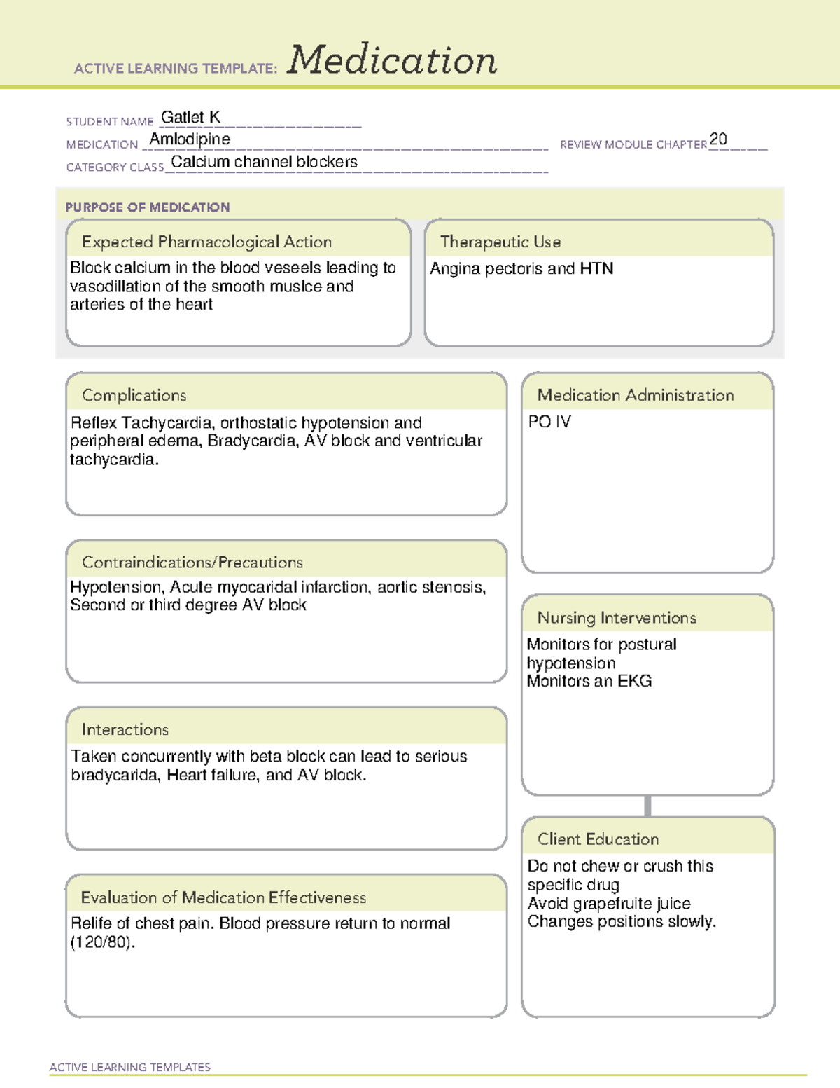 Amlodipine - ACTIVE LEARNING TEMPLATES Medication STUDENT NAME