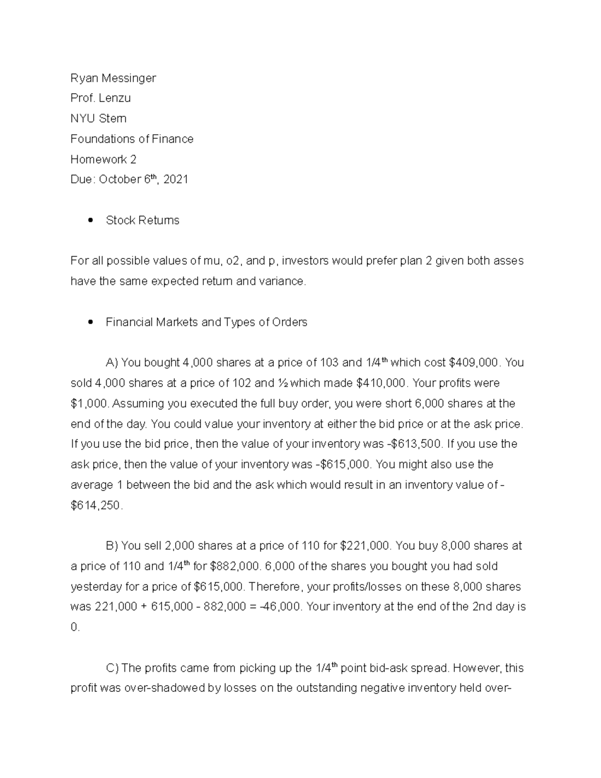 HW 2 Foundations of Finance NYU Stern Simone L. Ryan Messinger Prof
