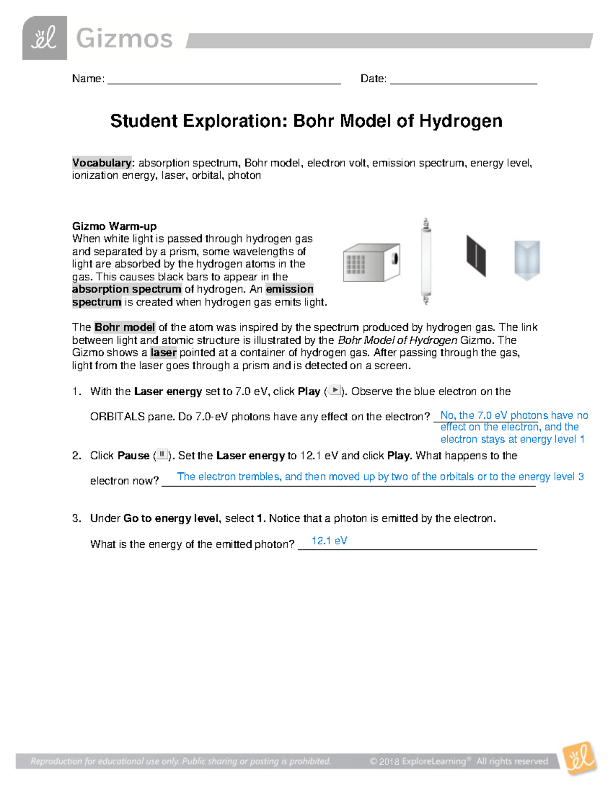 Bohr Model Hydrogen Student Edition - Name ...
