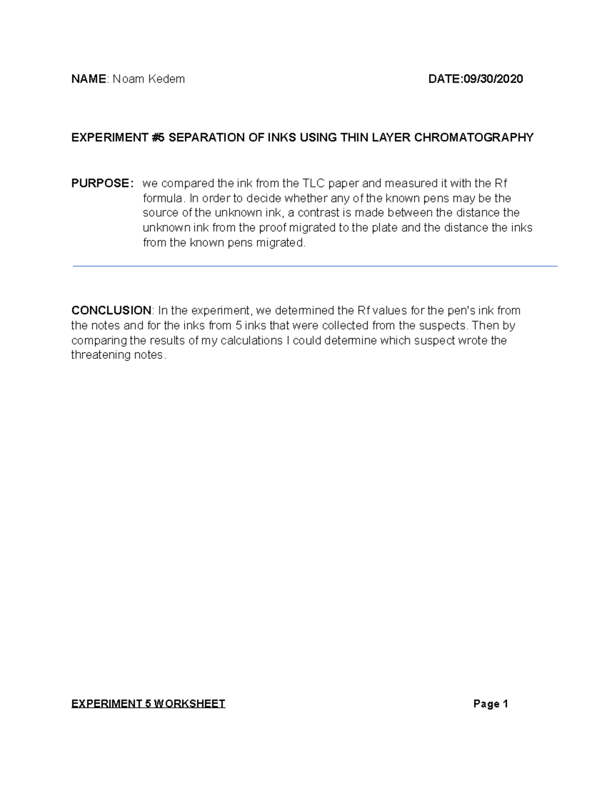 Exp. 5 Inks TLC worksheet - NAME : Noam Kedem DATE:09/30/ EXPERIMENT #5 ...