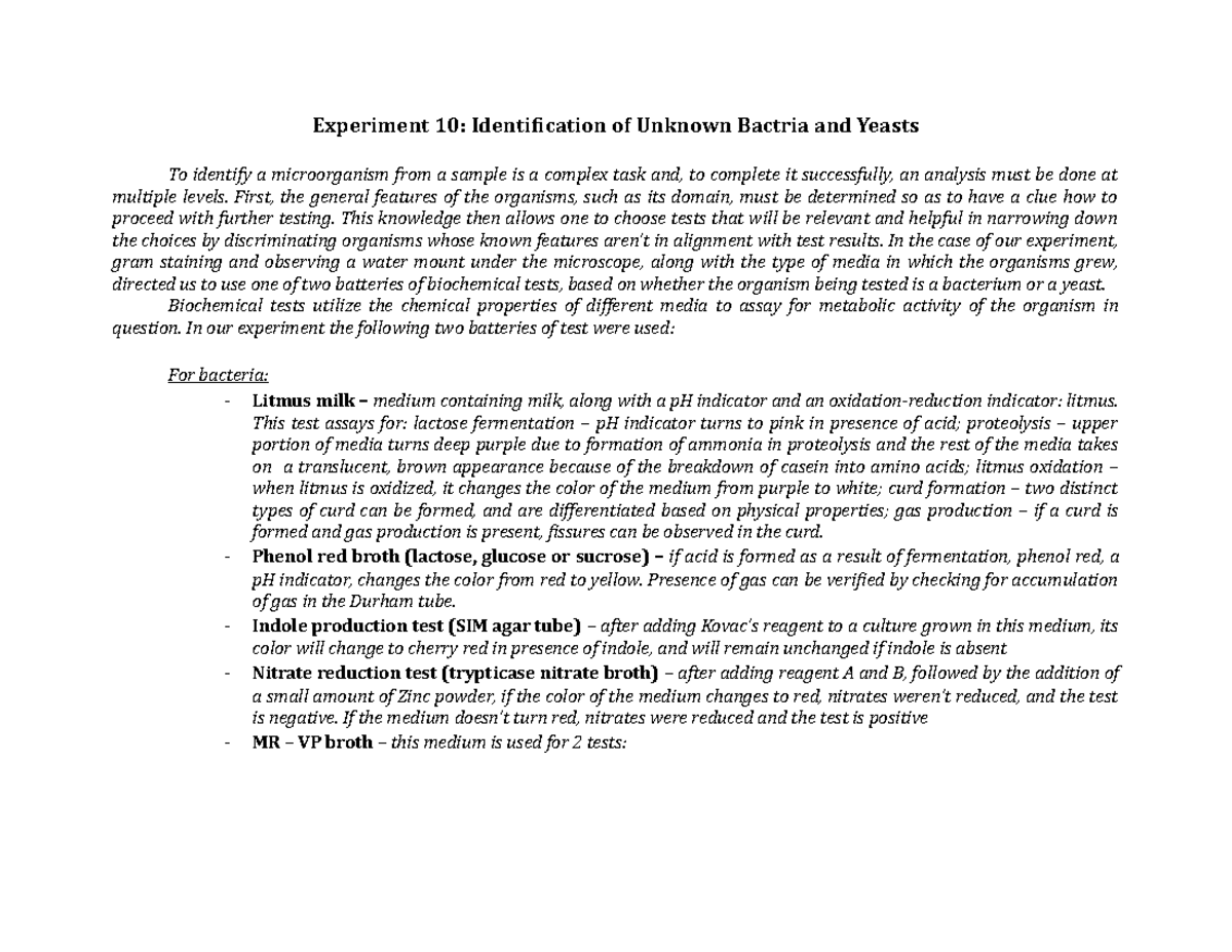 BIOL 225 Report Identification Of Unknown Microorganisms - Experiment ...