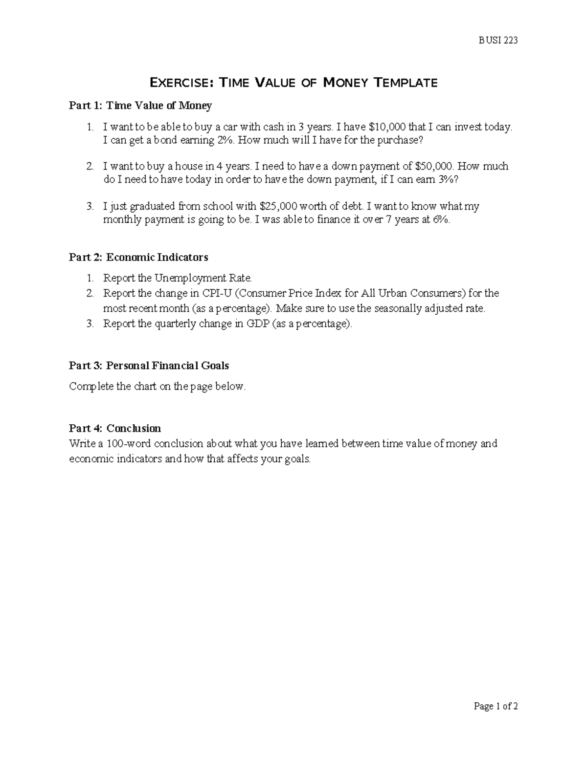 Exercise Time Value of Money Template - BUSI 223 EXERCISE: TIME VALUE ...