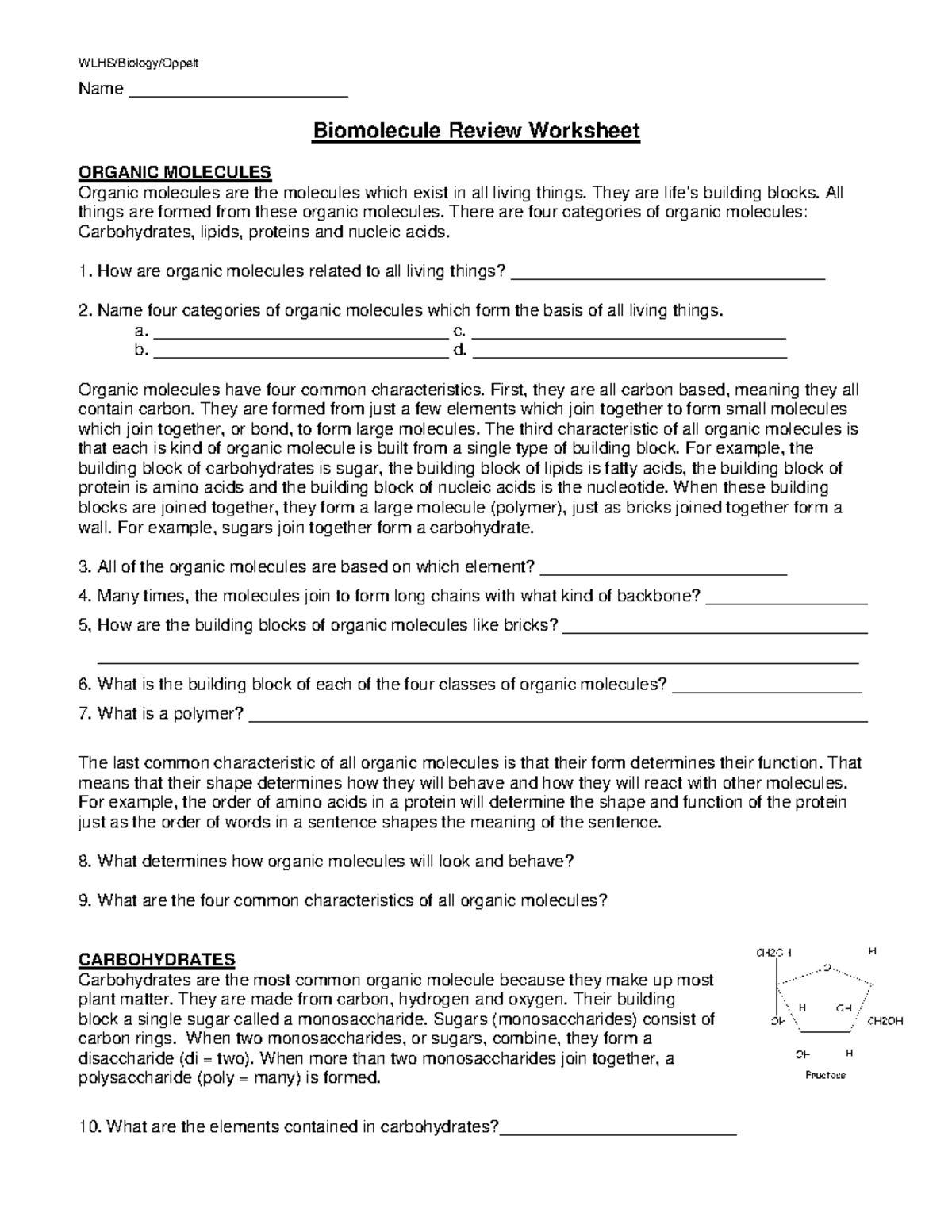 Biomolecule Review Worksheet Name _______________________ Biomolecule