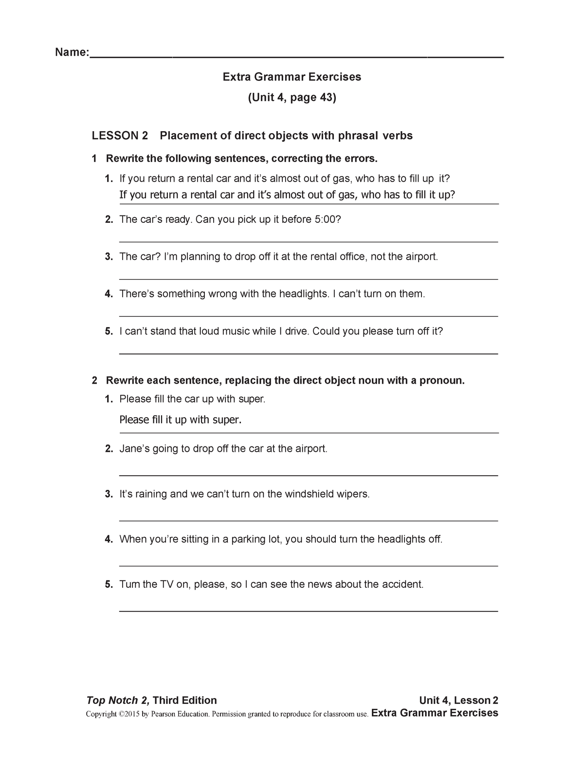 UNIT 4 Practice Direct Object phrasal Verbs Top Notch 2 Third 