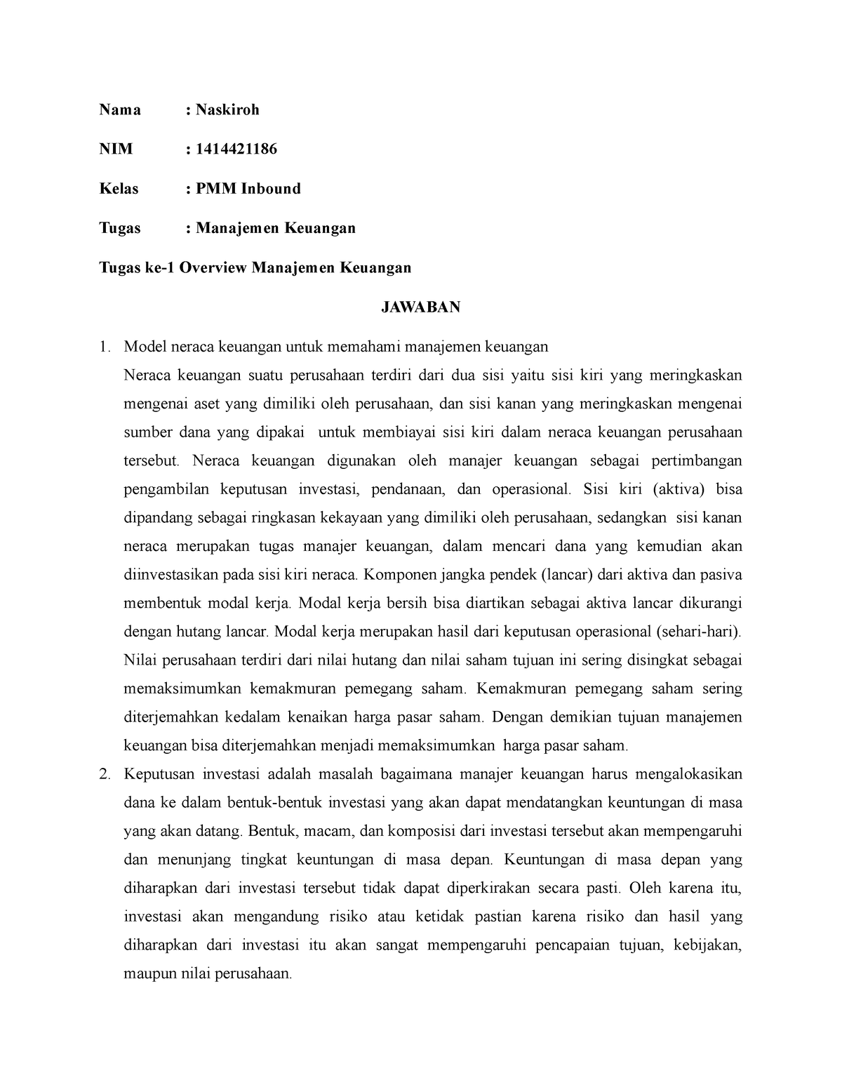 Tugas Ke-1 Overview Manajemen Keuangan - Nama : Naskiroh NIM ...