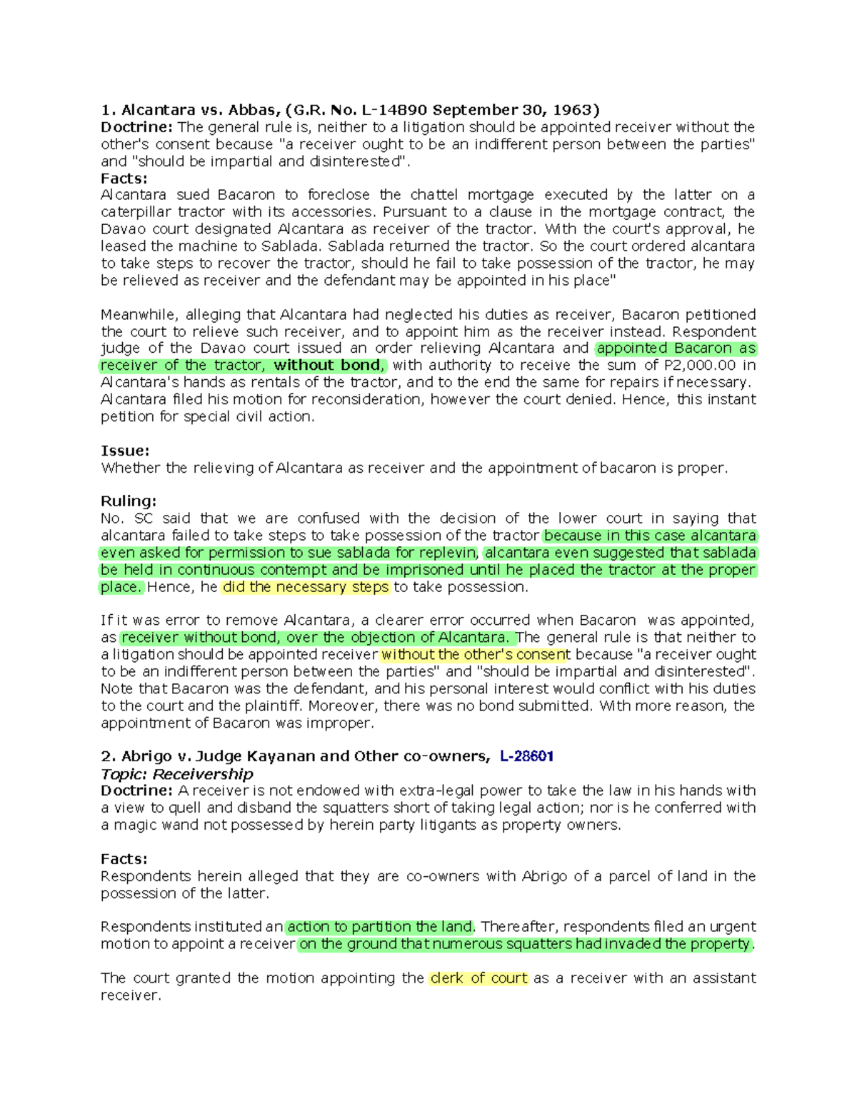 Module 4 receivership cases 1. Alcantara vs. Abbas, (G. No. L14890