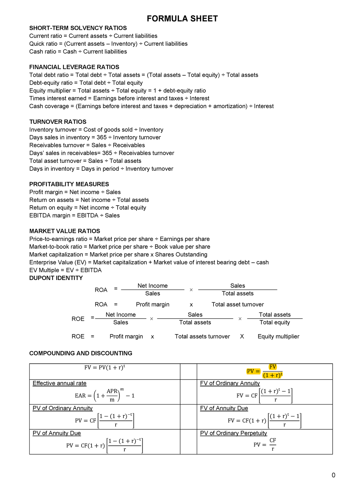 Formula Sheet for the final exam - 0 FORMULA SHEET SHORT-TERM SOLVENCY ...