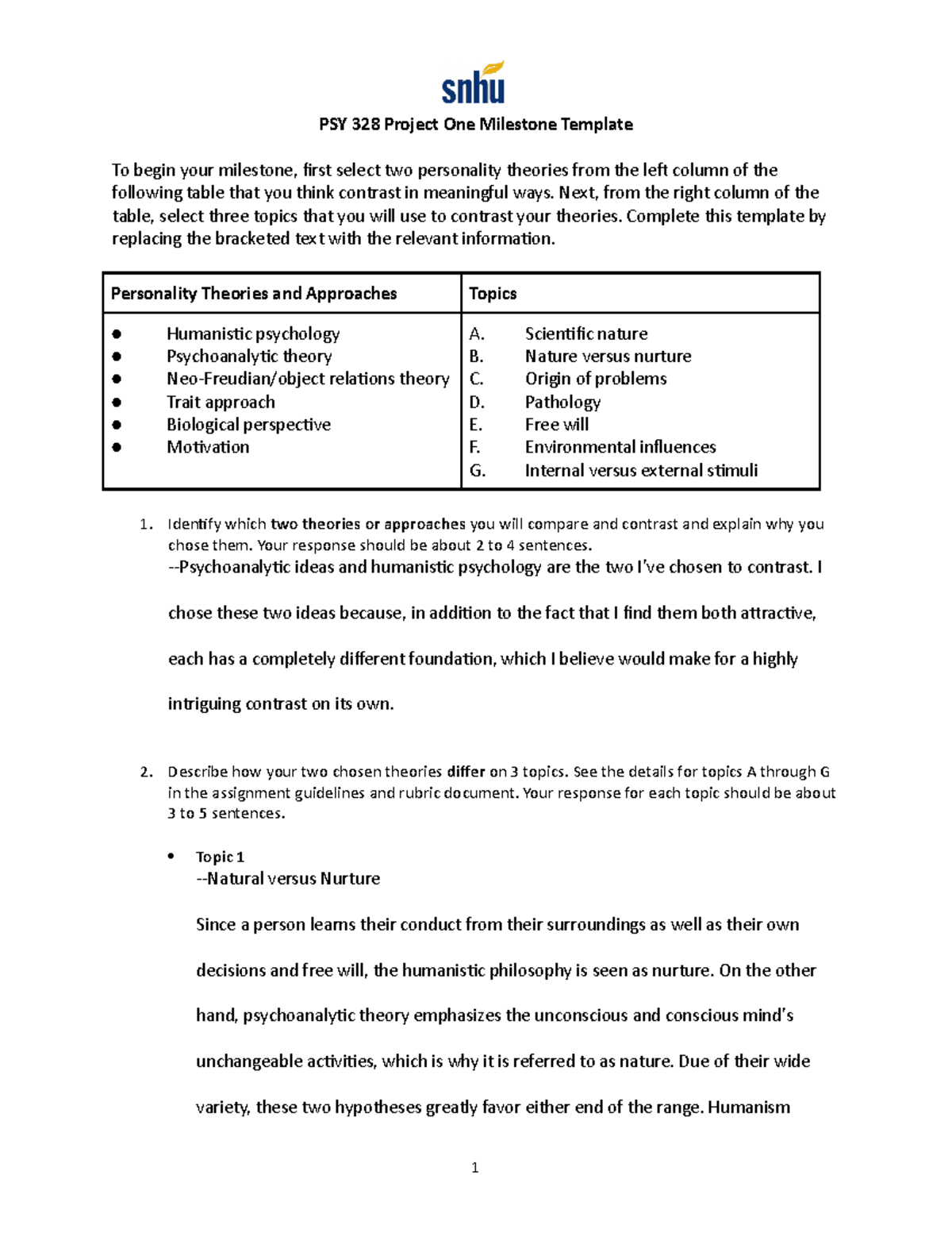 PSY 328 Project One Milestone Template - Next, From The Right Column Of ...