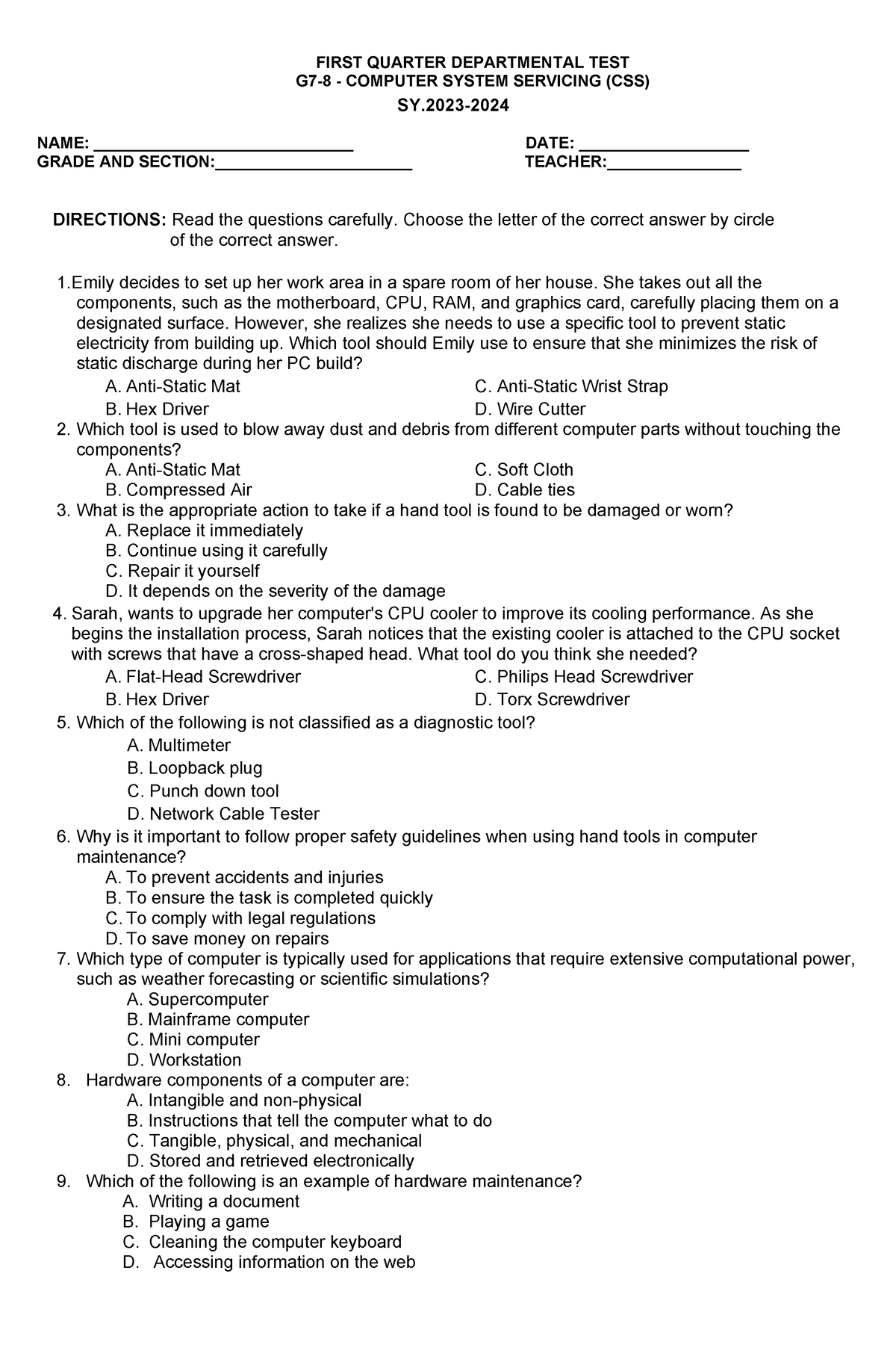 First Quarter Departmental TEST CSS 7 - FIRST QUARTER DEPARTMENTAL TEST ...