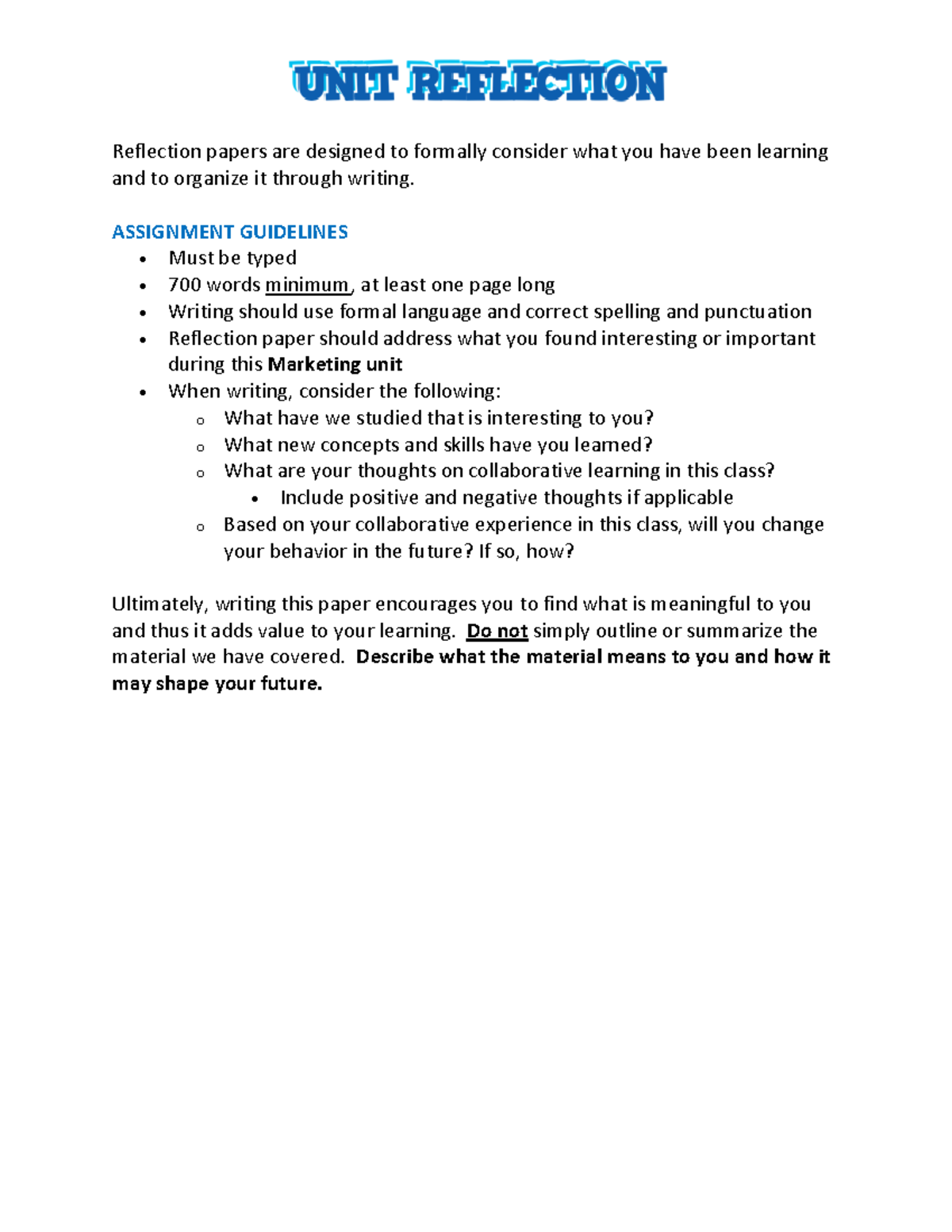 16 2 Reflection Paper Guidelines Rubric Marketing - Reflection papers ...