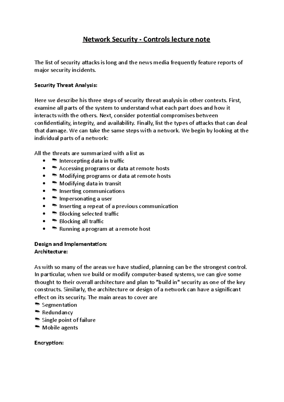 Network Security - Controls lecture note - Security Threat Analysis ...