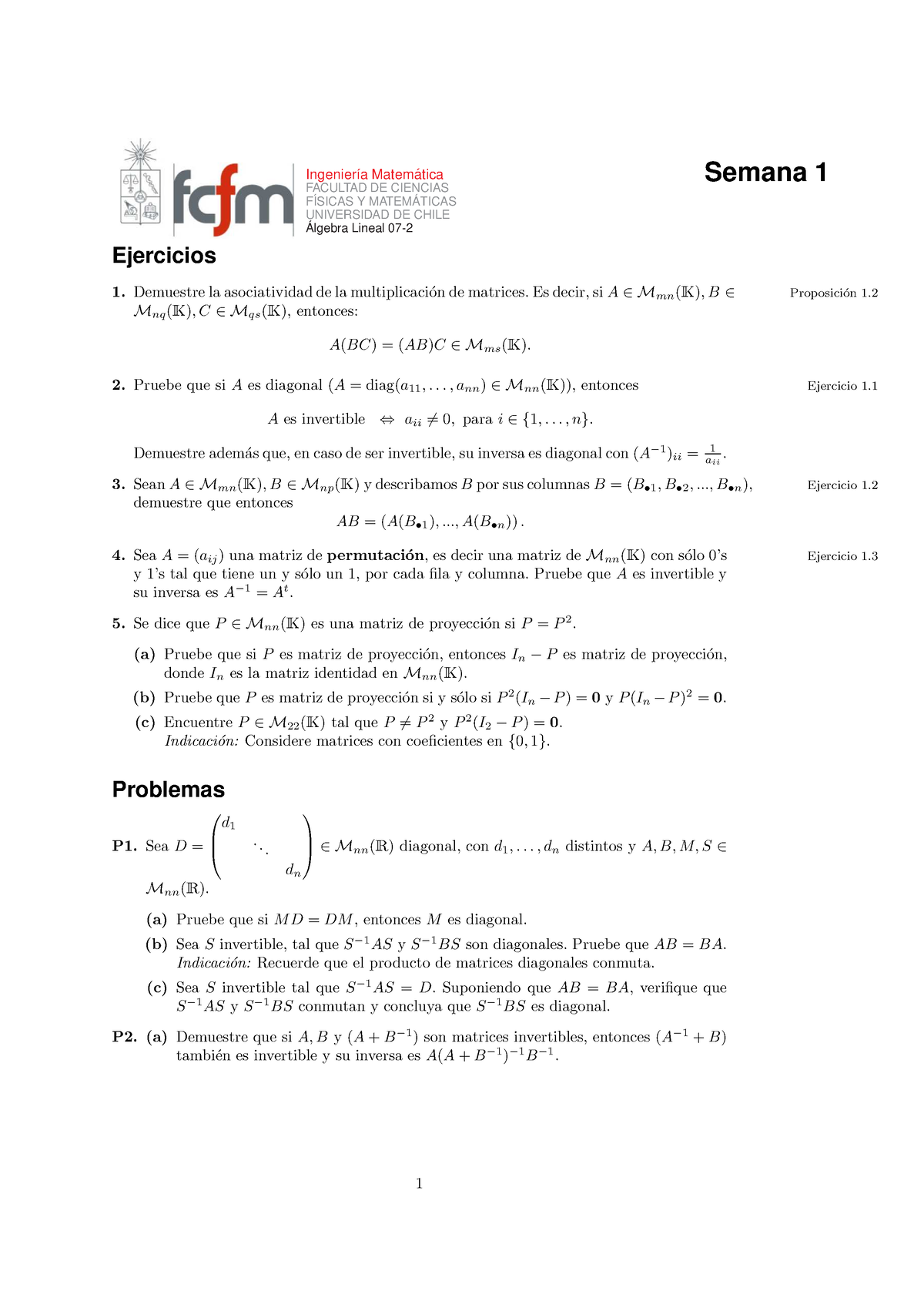 Ejercicios UCH Matrices - Ingenier ́ıa Matem ́atica Semana 1 FACULTAD ...