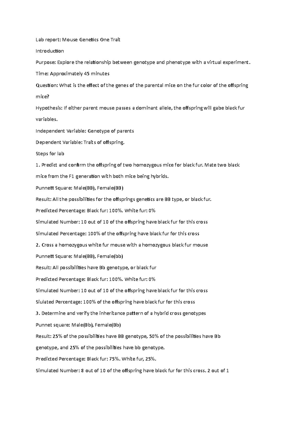 Lab report Hypothesis Lab report Mouse One Trait