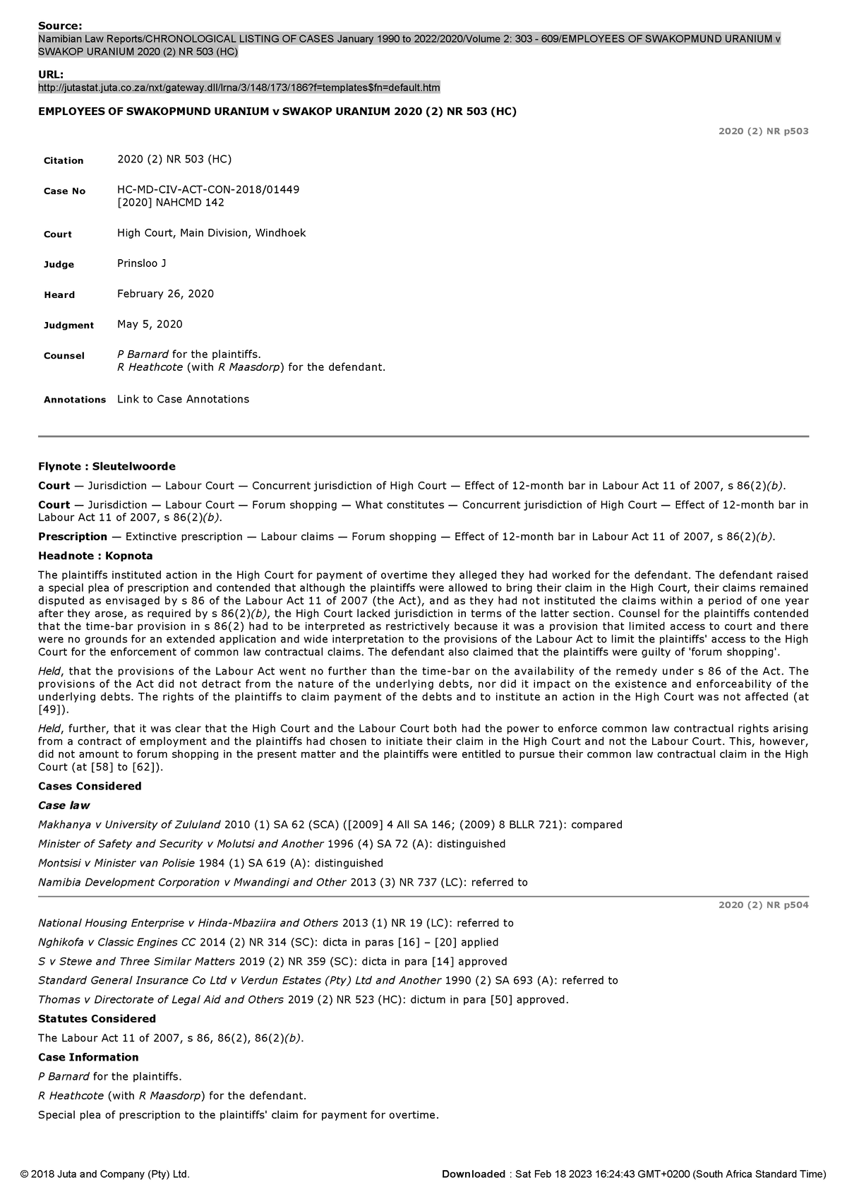 Employees OF Swakopmund Uranium v Swakop Uranium 2020 (2) NR 503 (HC ...