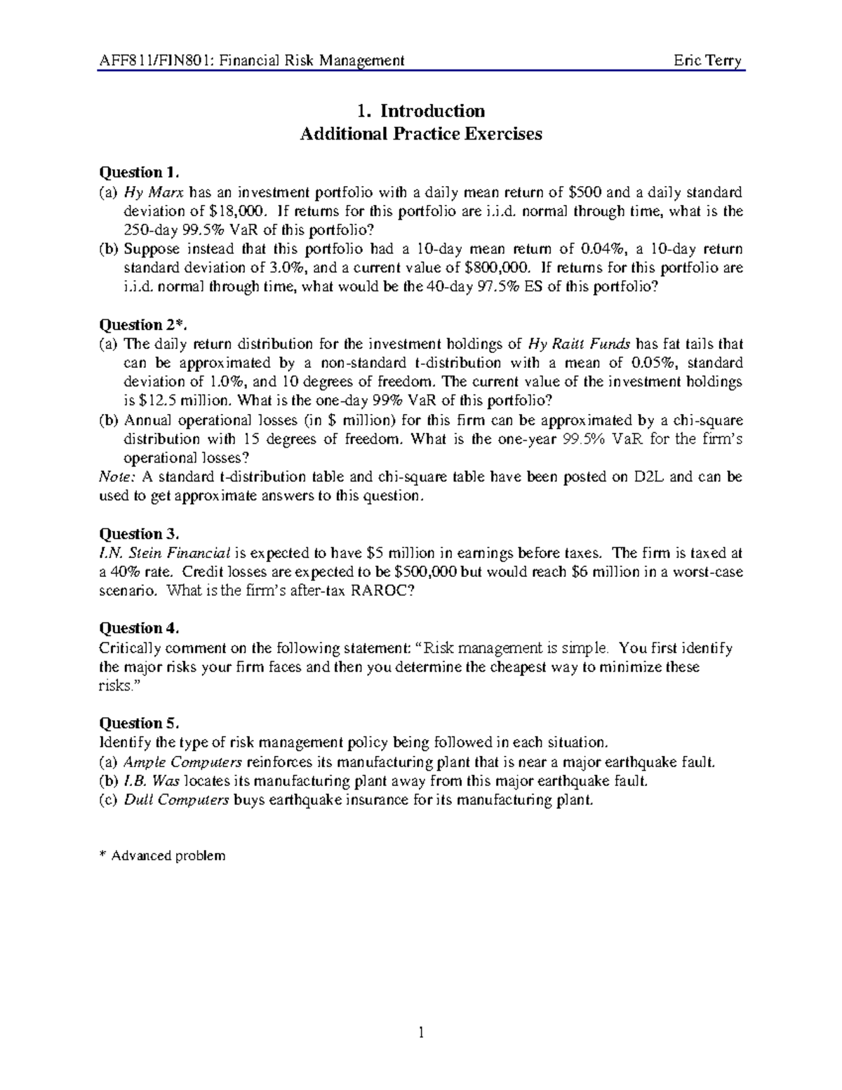 Worksheet-Lecture1 - AFF81 1 /FIN801: Financial Risk Management Eric ...