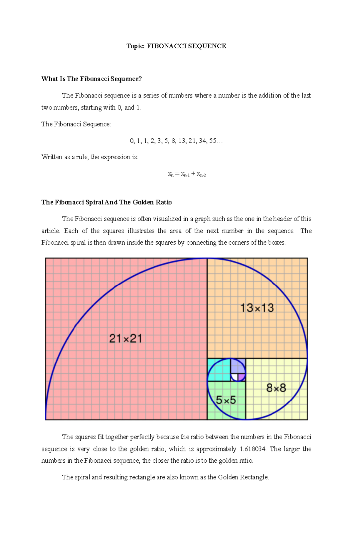 Fibonacci Sequence Semestral Project IN GEd 102 - MMW - Topic ...