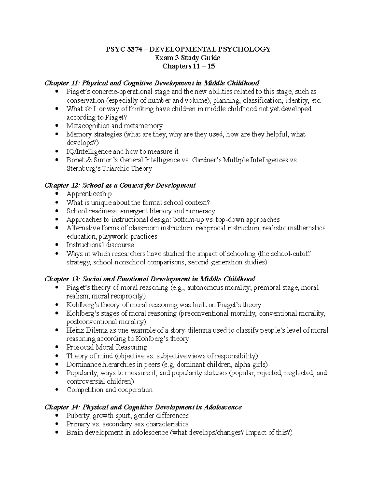 Exam 3 Study Guide - exam review - PSYC 3374 – DEVELOPMENTAL PSYCHOLOGY ...