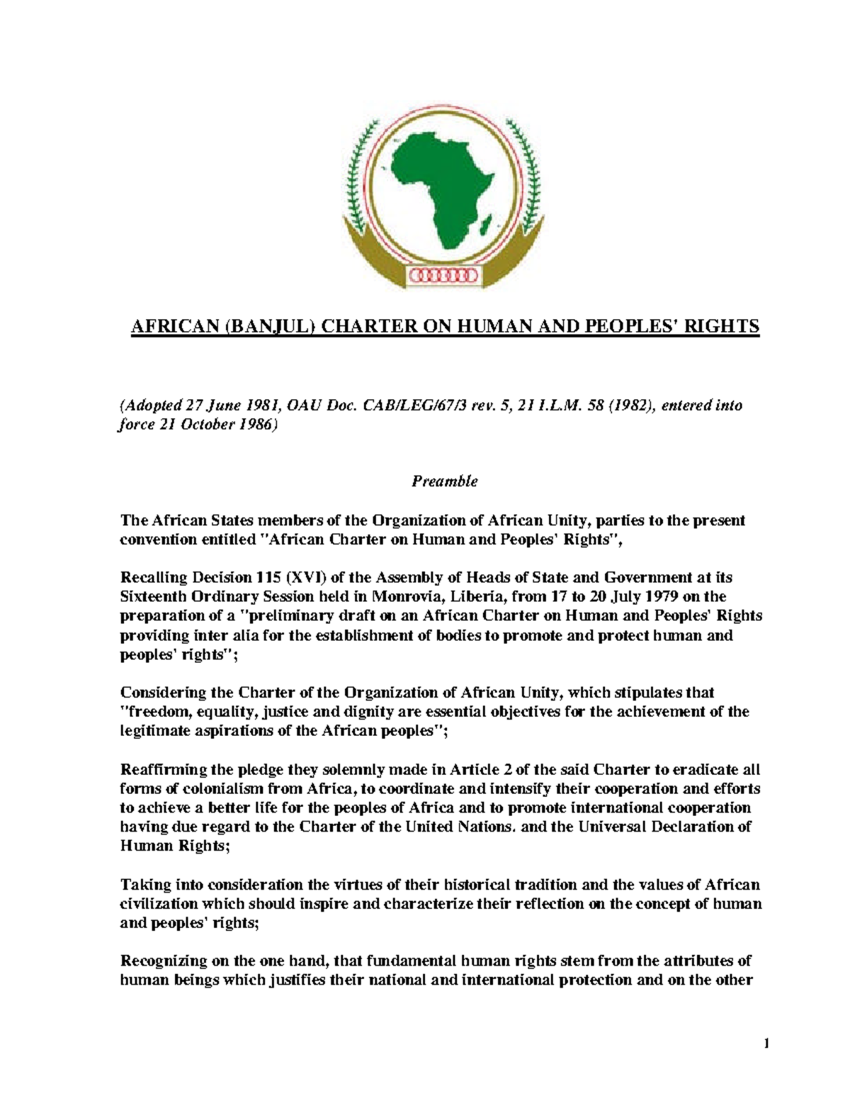 Banjul charter - AFRICAN (BANJUL) CHARTER ON HUMAN AND PEOPLES' RIGHTS ...