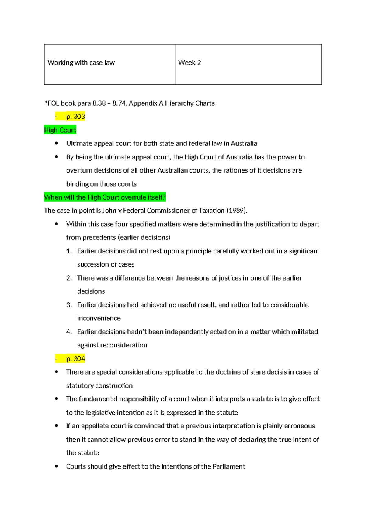 Wk 2 Notes - Lecture 2 - Working with case law Week 2 *FOL book para 8 ...