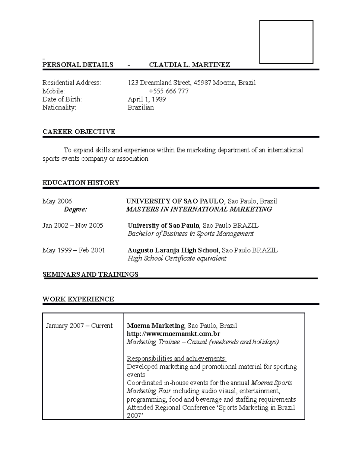 Lesson 13 Sample Resume - Personal Details - Claudia L. Martinez 