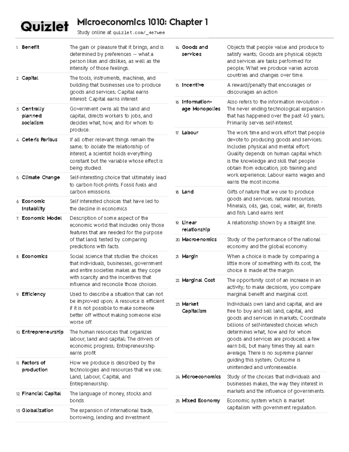 Quizlet Summerize the chapter 1 terms Microeconomics 1010 Chapter