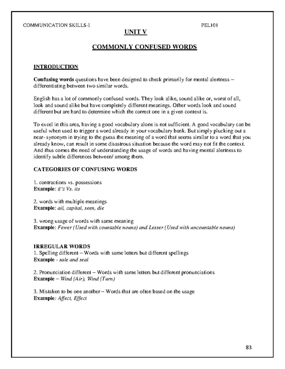 Lecture UNIT V - UNIT V COMMONLY CONFUSED WORDS INTRODUCTION Confusing ...