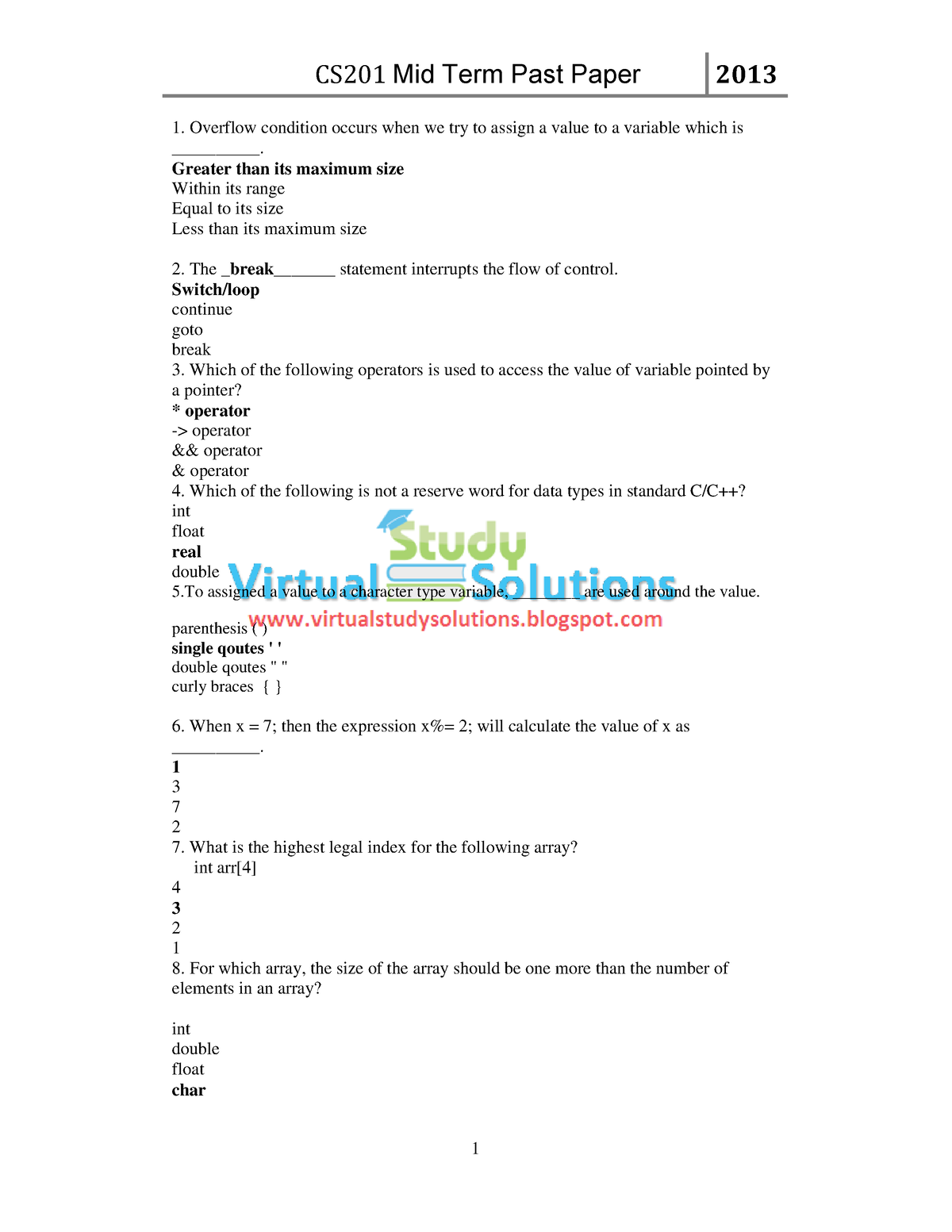 CS201 Mid Term Past Paper 2013 [www.virtualstudysolutions - Overflow ...