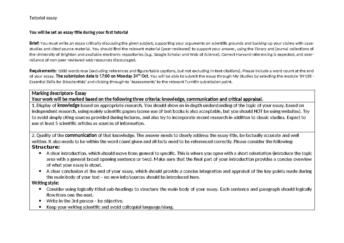 BY138 Essay Brief for tutees incl marking descriptors - Tagged - You ...